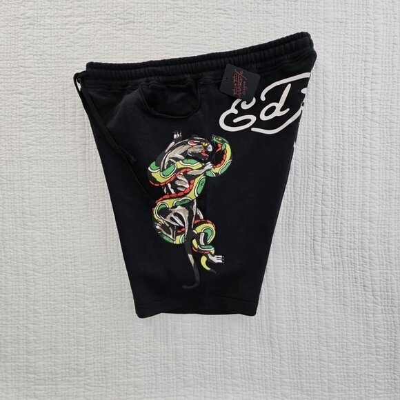 Ed Hardy Fleece Signed Graffiti Shorts Men's L Large Black Elastic NWT 7" Inseam - Picture 3 of 9